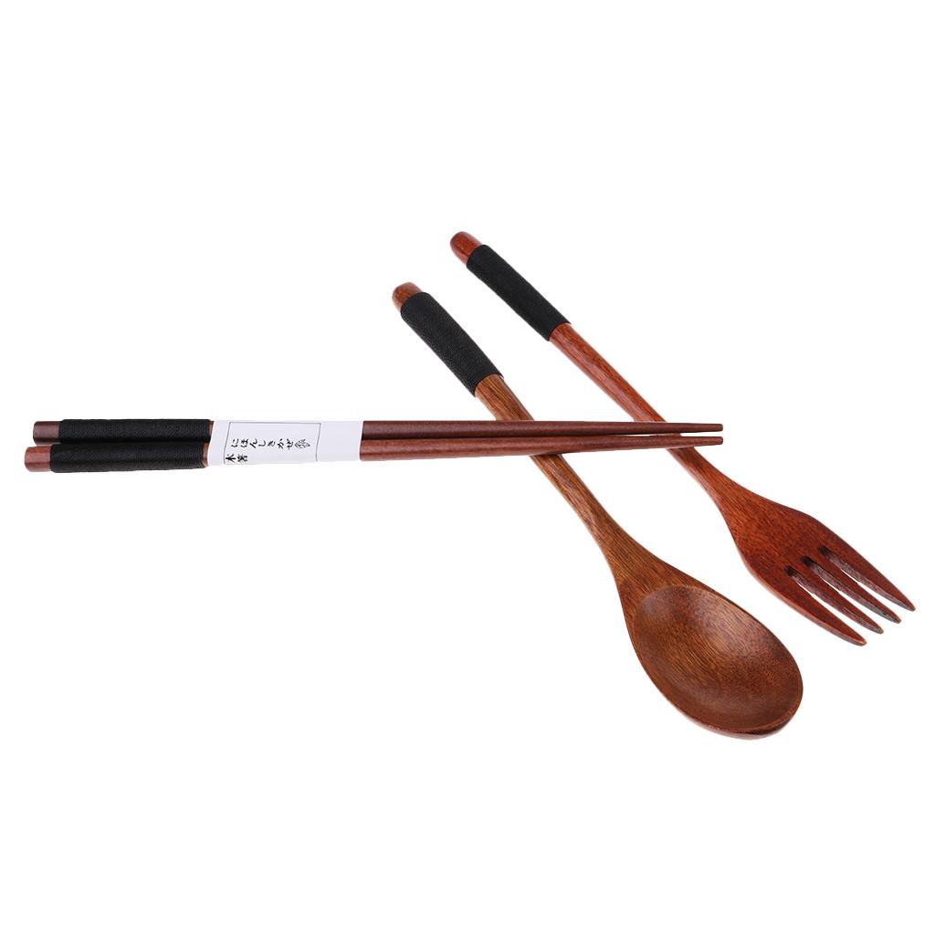Portable Travel Camping Compact Utensil Set Wood Spoon Fork Chopstick Black String