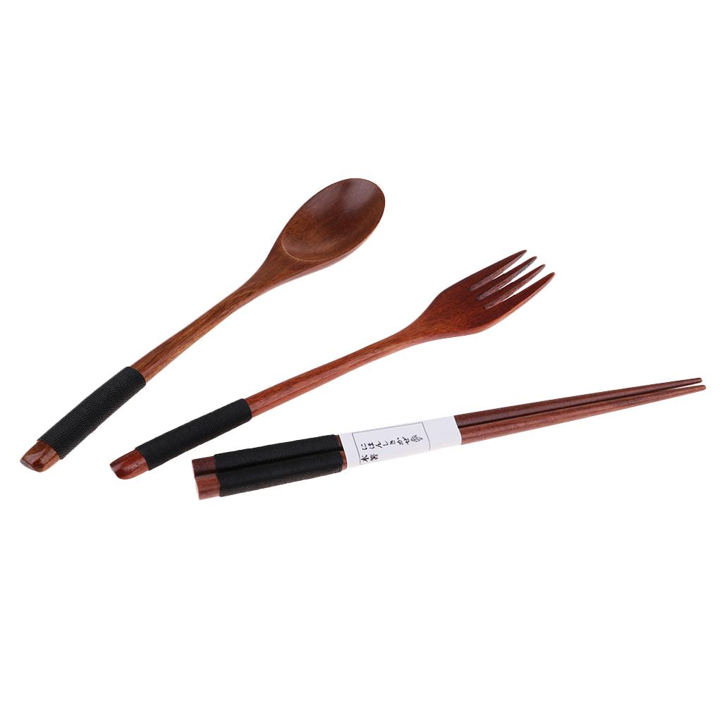 Portable Travel Camping Compact Utensil Set Wood Spoon Fork Chopstick Black String