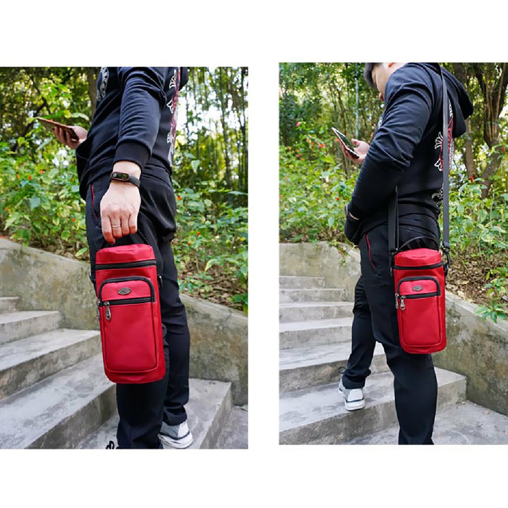 Water Bottle Holder Carrier with 3 Pockets and Adjustable Shoulder Strap Gray
