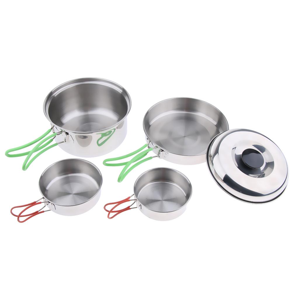 4Pcs Stainless Steel Portable Foldable Camping Hiking Pots Stockpots Utensil