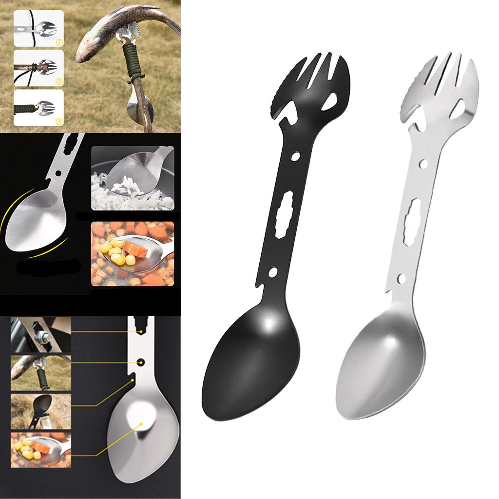 3x8-in-1 Multipurpose Camping Spoon Fork Spork Beer Bottle Can Opener Black