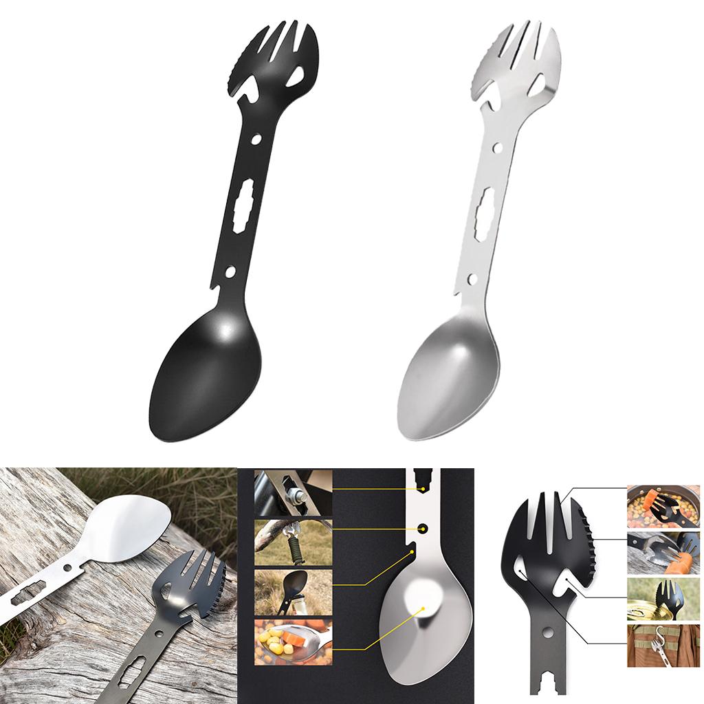 4x8-in-1 Multipurpose Camping Spoon Fork Spork Beer Bottle Can Opener Black
