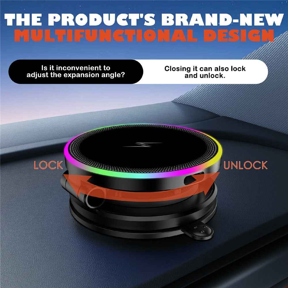 K8 15W MagSafe-Compatible Wireless Car Charger Mount 3-Fold Rotatable Magnetic Phone Holder with RGB Light Vacuum Suction Dashboard Stand
