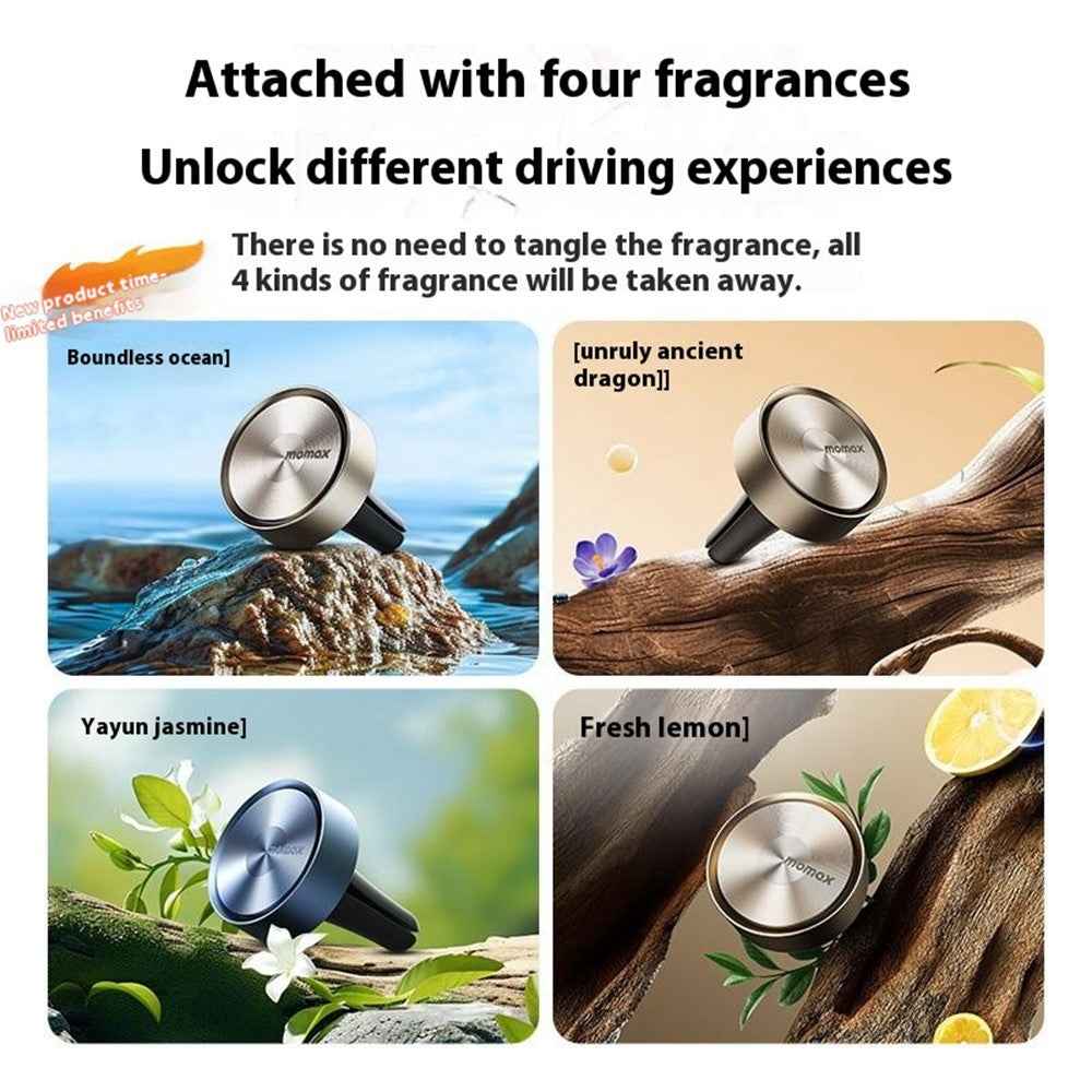 MOMAX 1-Car Relaxaire Car Air Vent Freshener Aluminum Alloy Aromatherapy Diffuser with 4 Fragrance Pads - Dark Grey