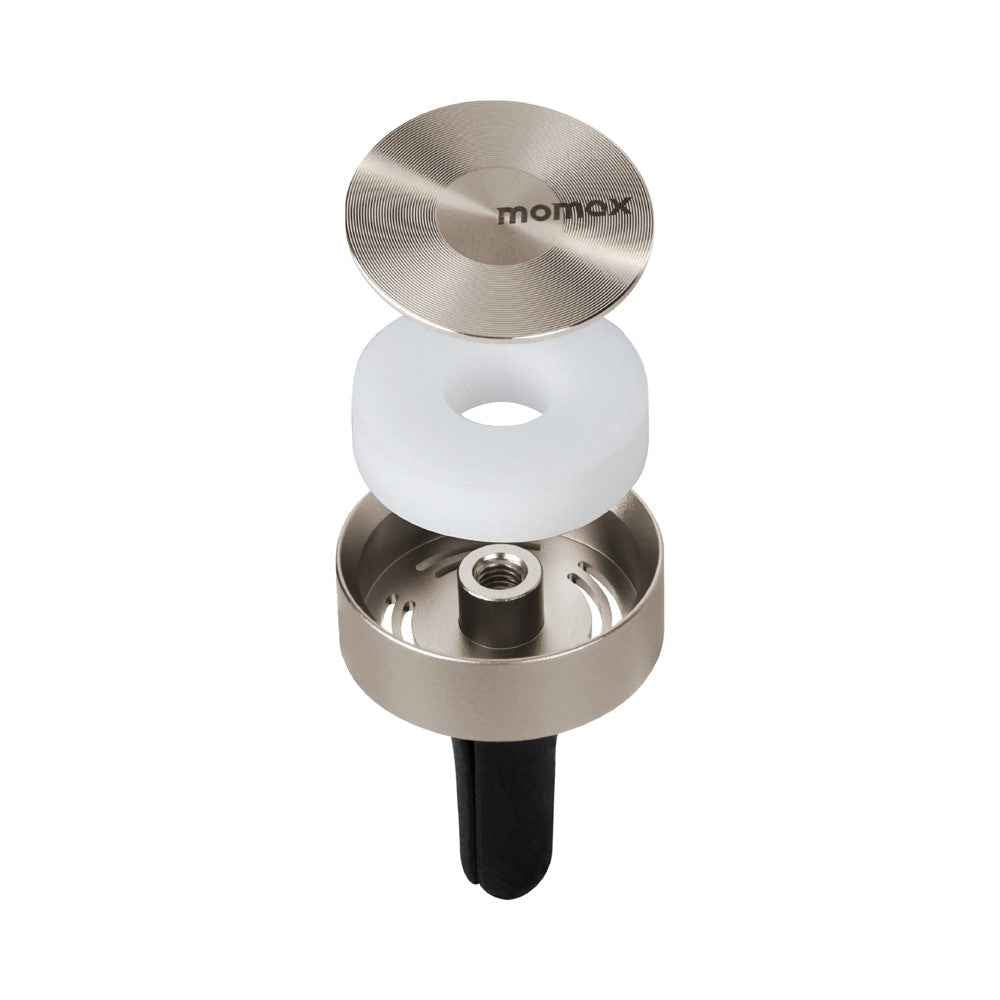 MOMAX 1-Car Relaxaire Car Air Vent Freshener Aluminum Alloy Aromatherapy Diffuser with 4 Fragrance Pads - Titanium Gold
