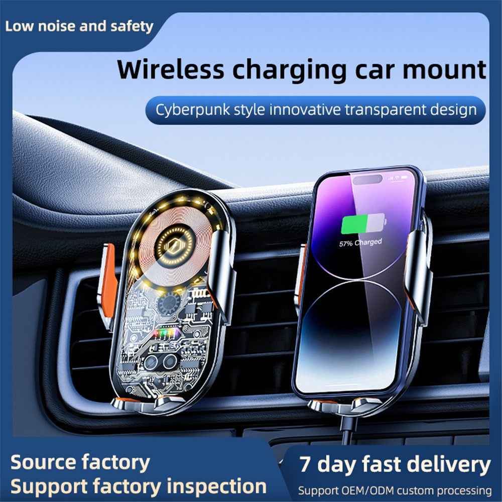 C12 Car Wireless Charger Phone Holder Intelligent Induction Clamping Creative Transparent Phone Charger Mount - Black