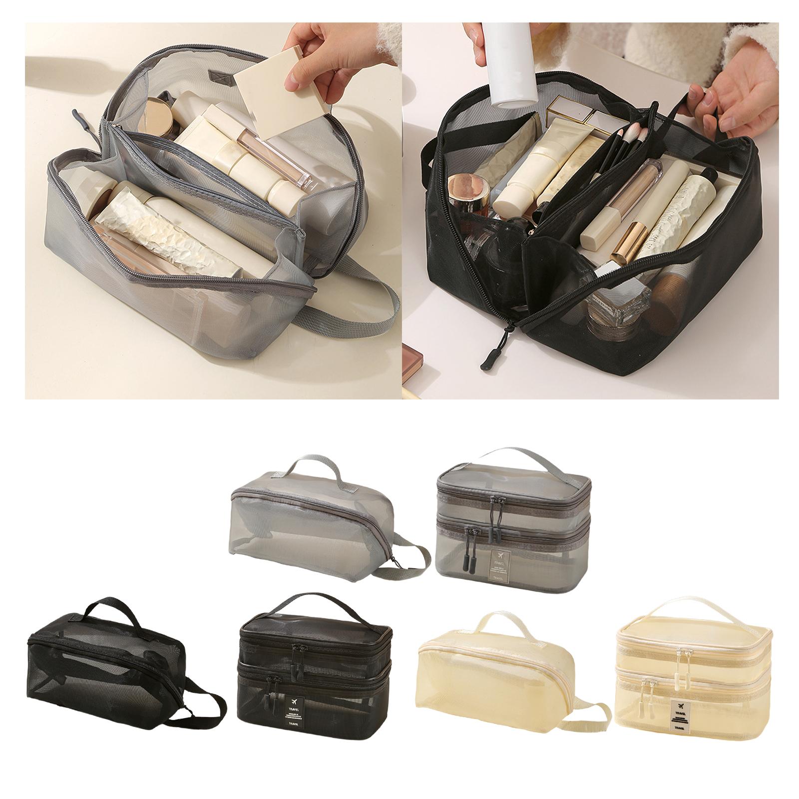2x Mesh Makeup Bag Portable Brush Organizer for Gym Vacation Picnic gray