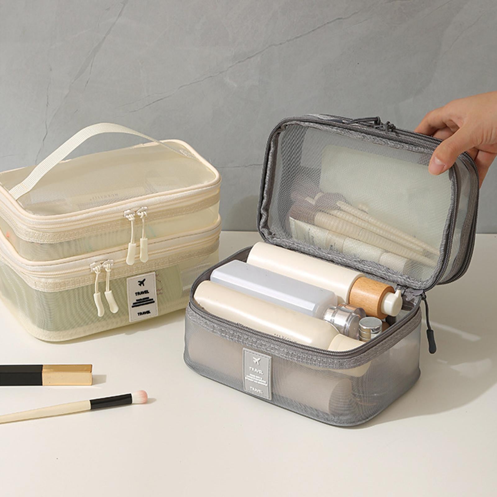 2x Mesh Makeup Bag Portable Brush Organizer for Gym Vacation Picnic gray