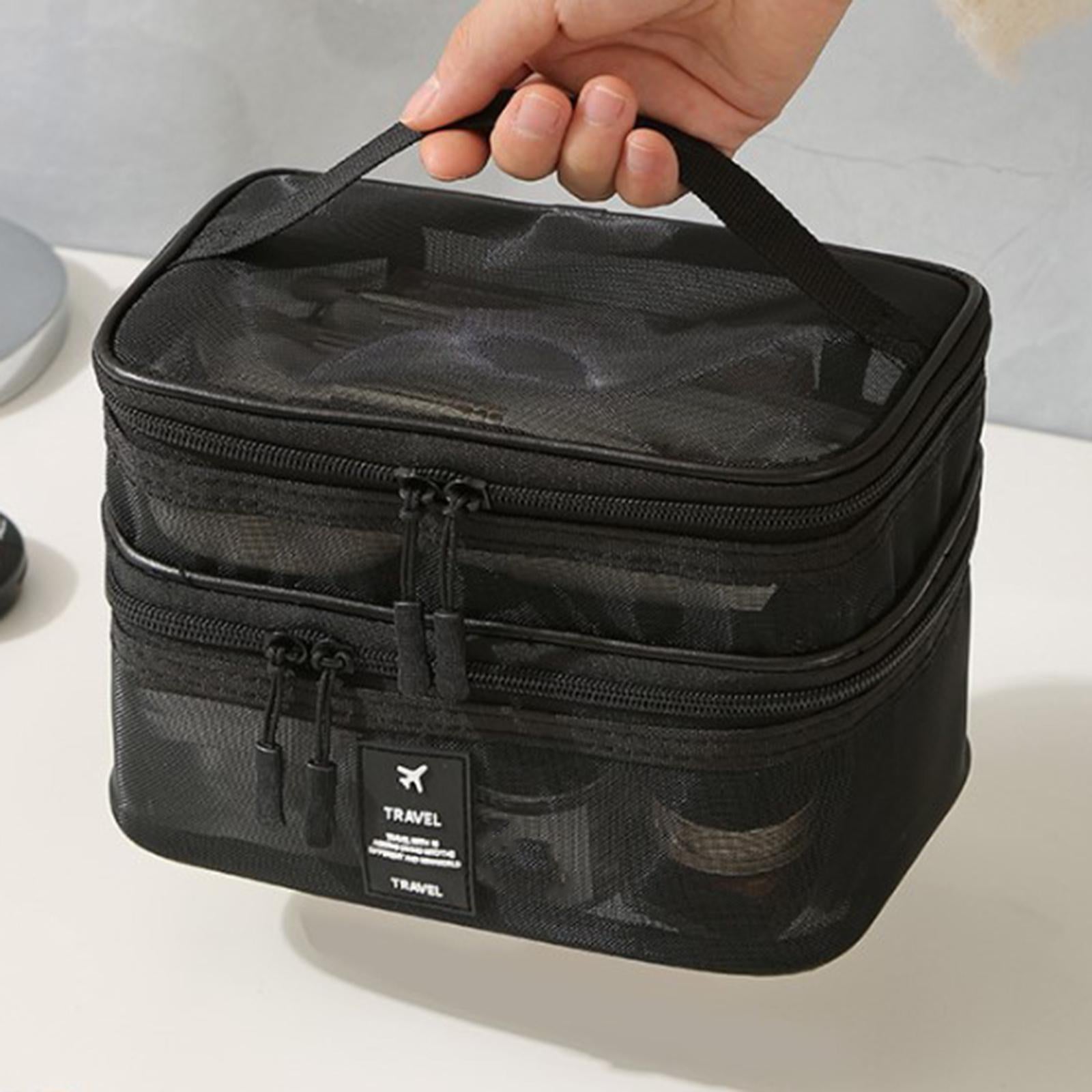 2x Mesh Makeup Bag Portable Brush Organizer for Gym Vacation Picnic black