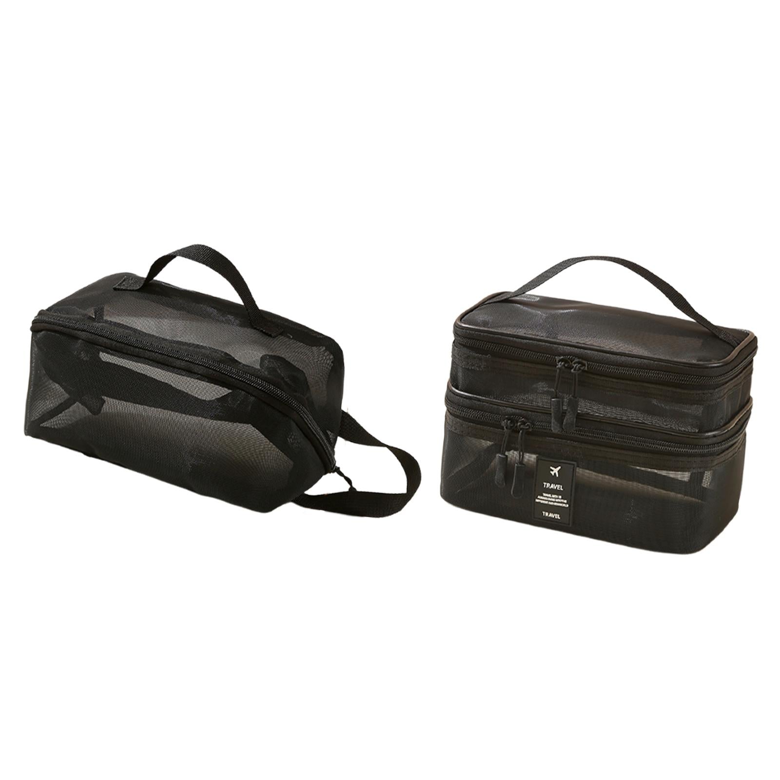 2x Mesh Makeup Bag Portable Brush Organizer for Gym Vacation Picnic black