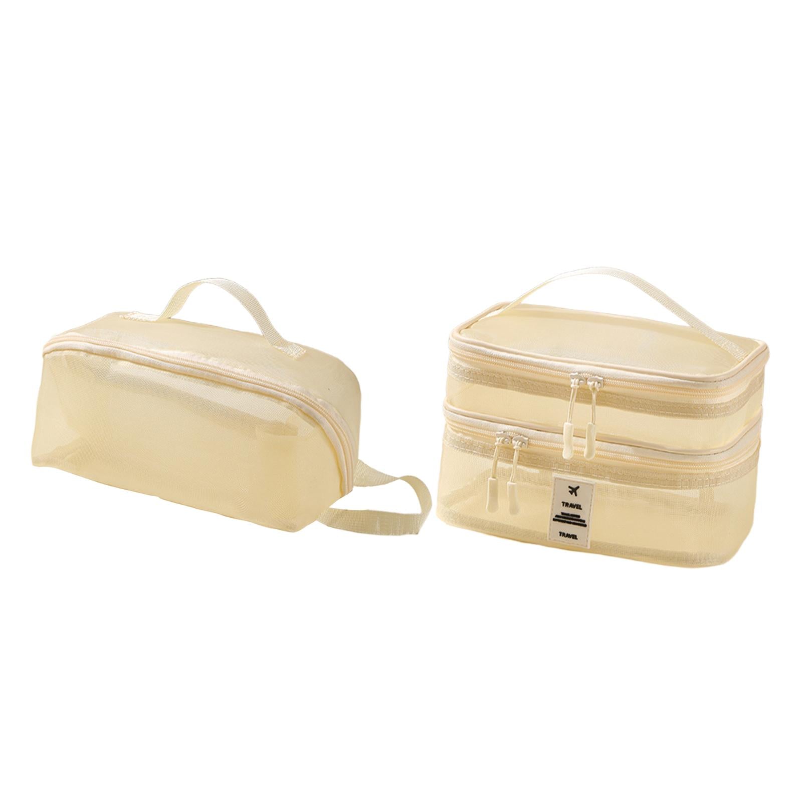 2x Mesh Makeup Bag Portable Brush Organizer for Gym Vacation Picnic beige
