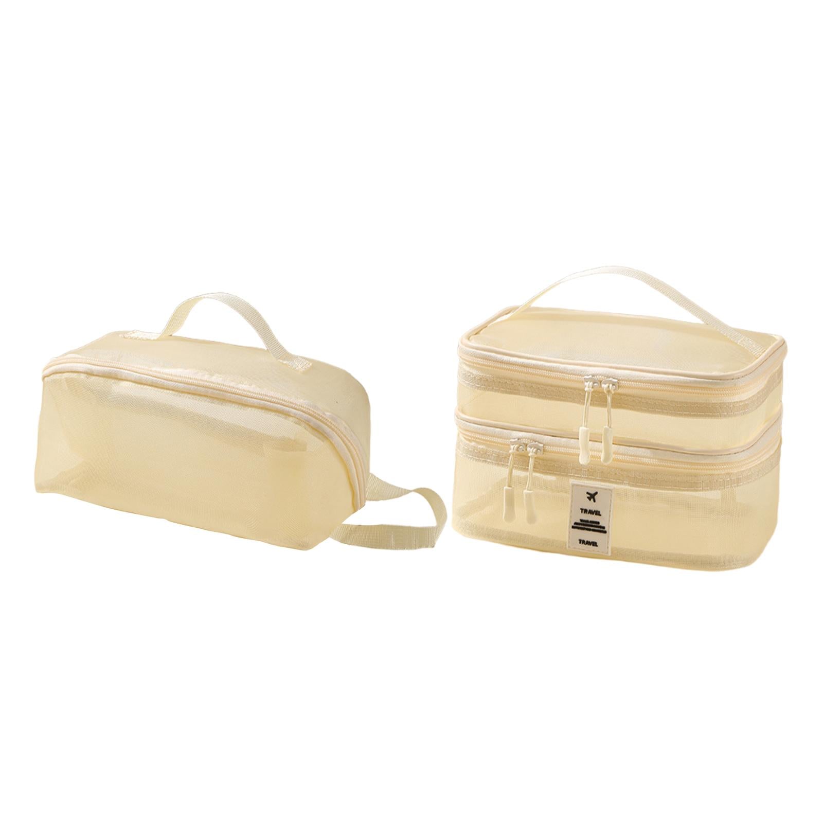 2x Mesh Makeup Bag Portable Brush Organizer for Gym Vacation Picnic beige
