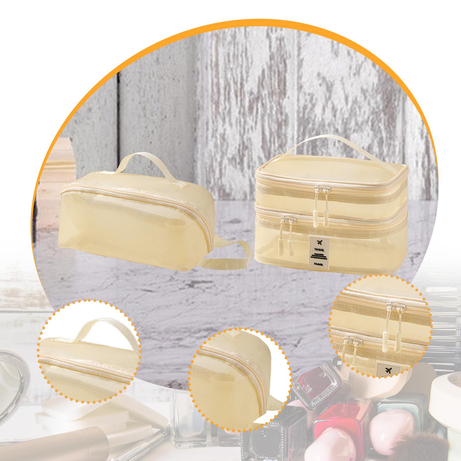 2x Mesh Makeup Bag Portable Brush Organizer for Gym Vacation Picnic beige