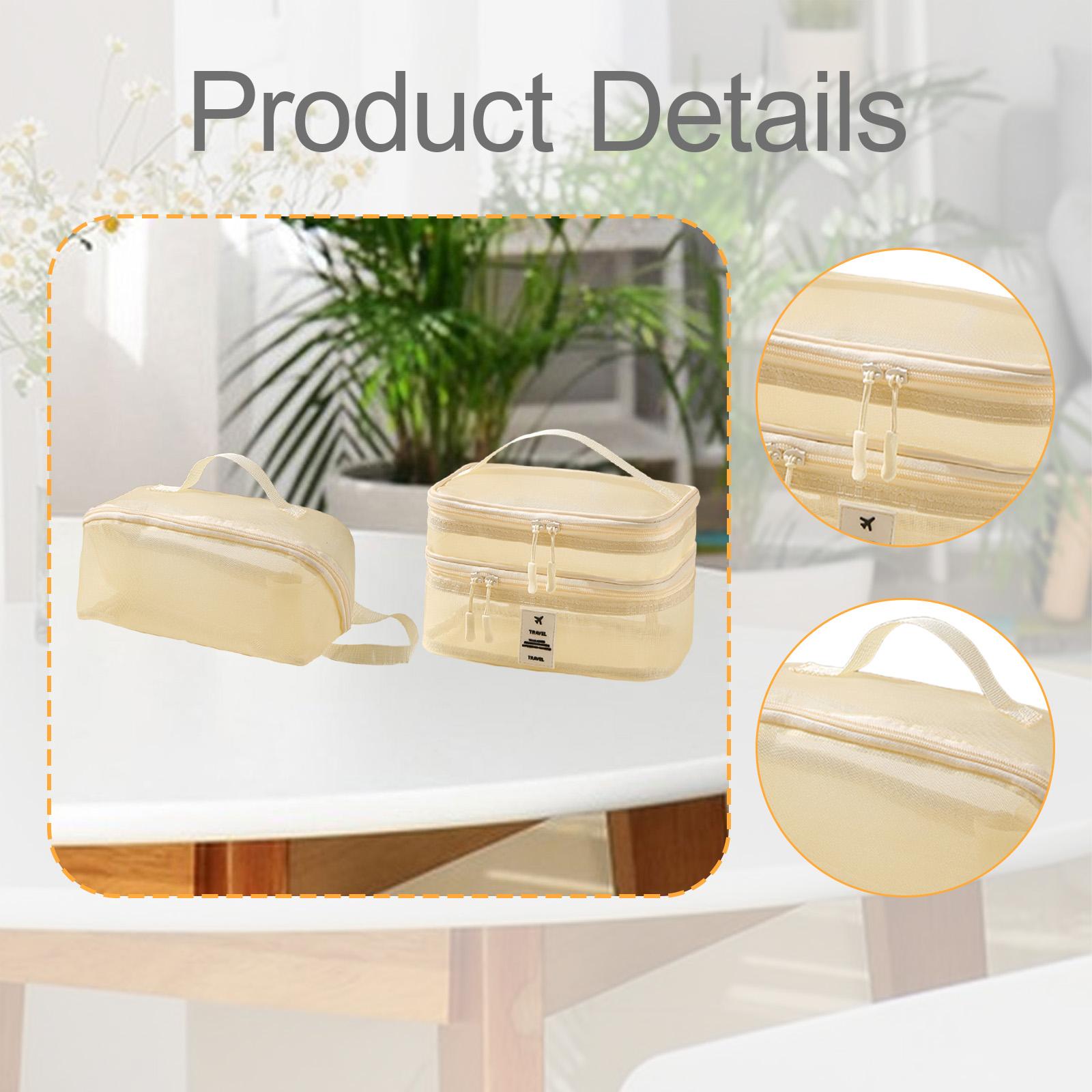2x Mesh Makeup Bag Portable Brush Organizer for Gym Vacation Picnic beige