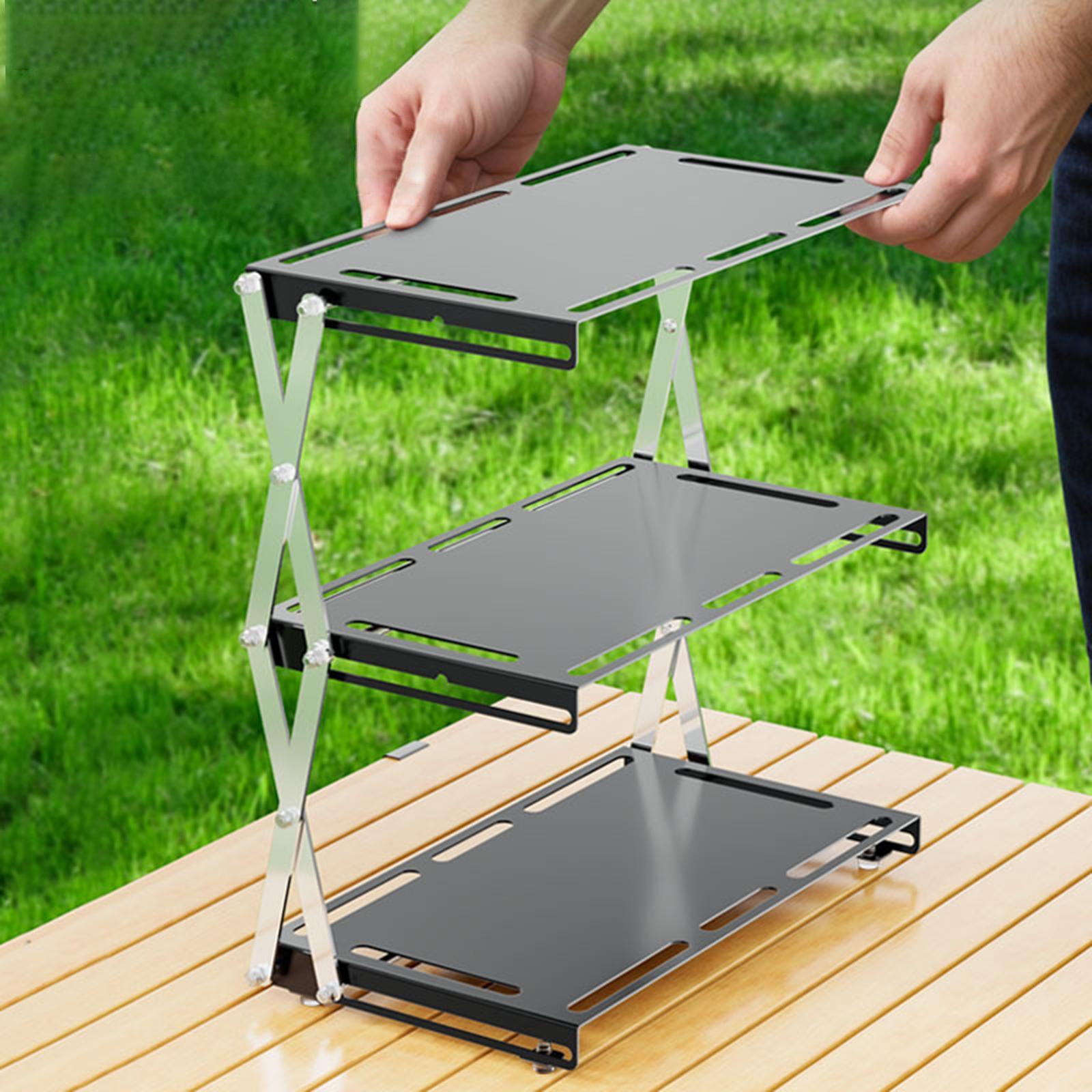 Camping Folding Storage Rack Desktop Stable Outside for Fishing Hiking Beach Three Layers