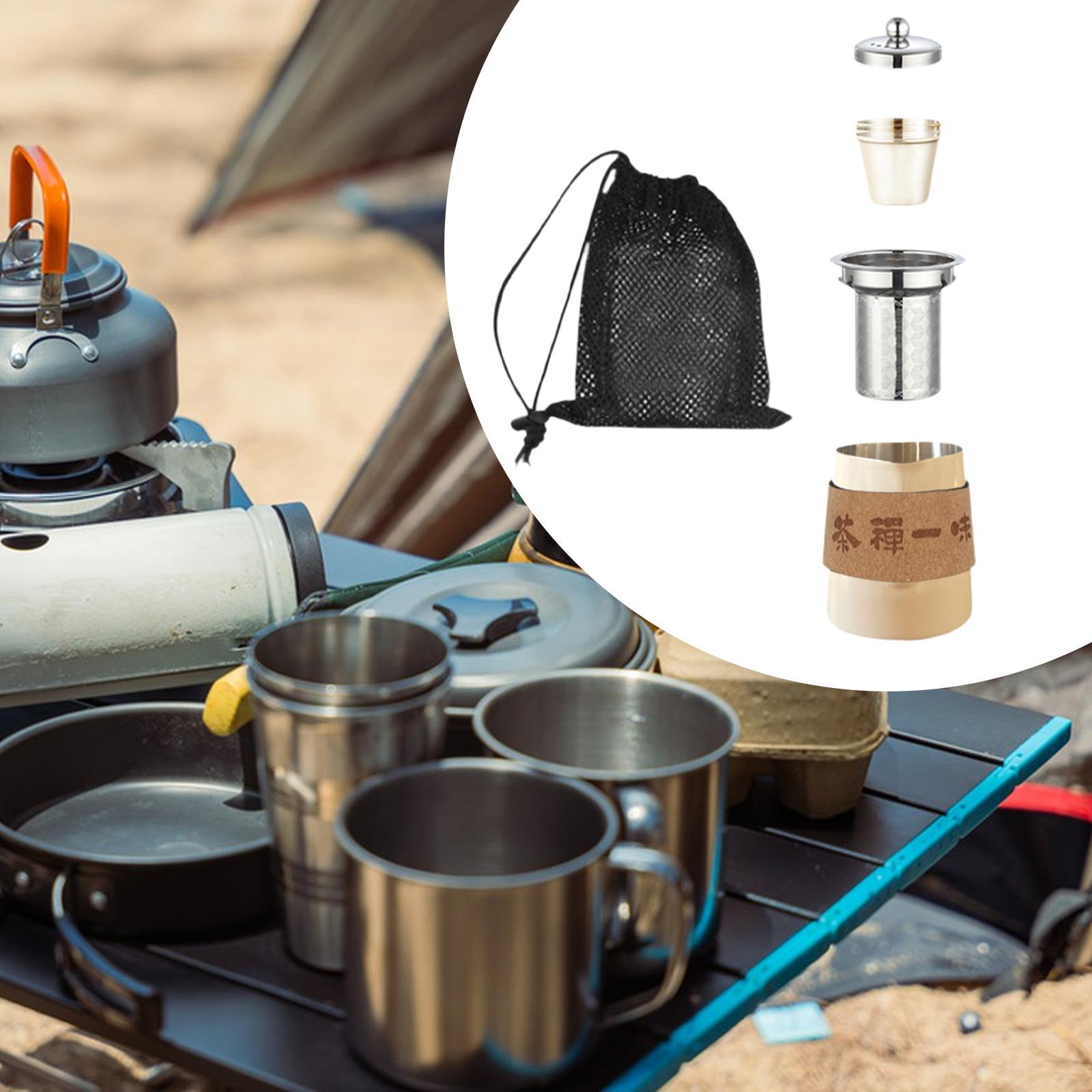 Camping Tea Kettle Mugs Set Stainless Steel Tea Pot for Hotel Fishing Picnic beige