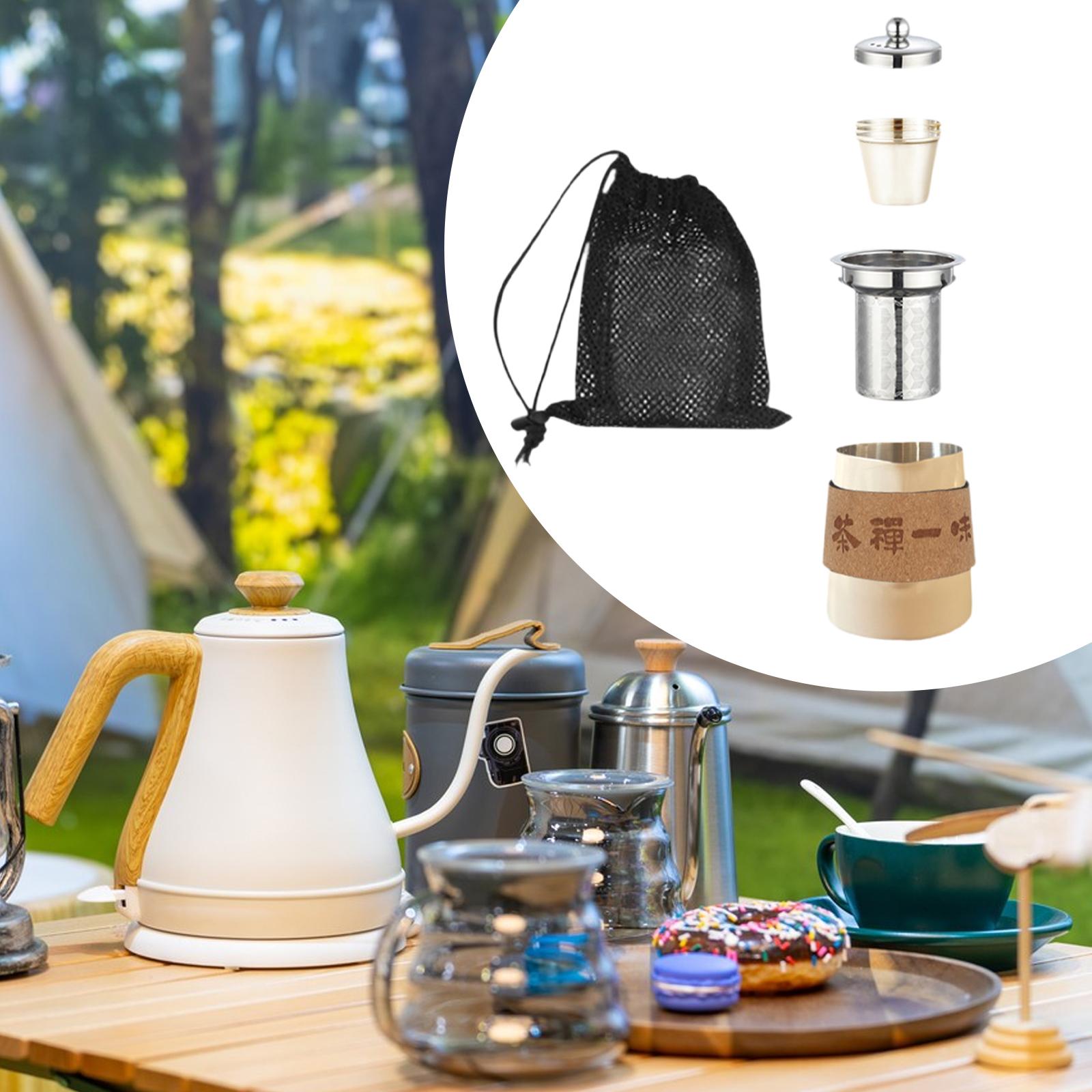 Camping Tea Kettle Mugs Set Stainless Steel Tea Pot for Hotel Fishing Picnic beige