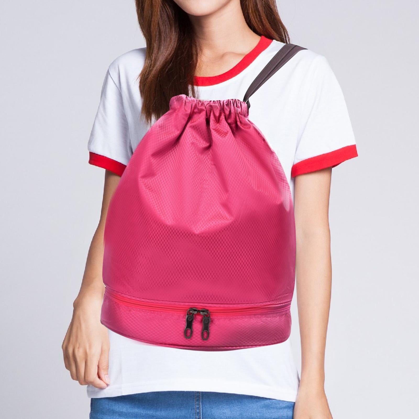 Drawstring Backpack Bag Multifunction Fitness Bag for Shopping Street Sports Rose Red