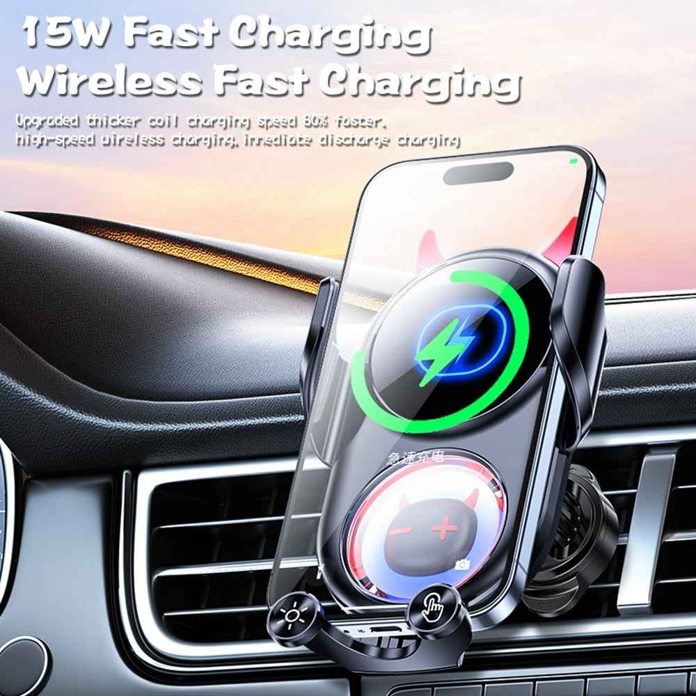D1 15W Car Wireless Wireless Charger Devil Design Air Vent Mount Phone Holder Stand - Black