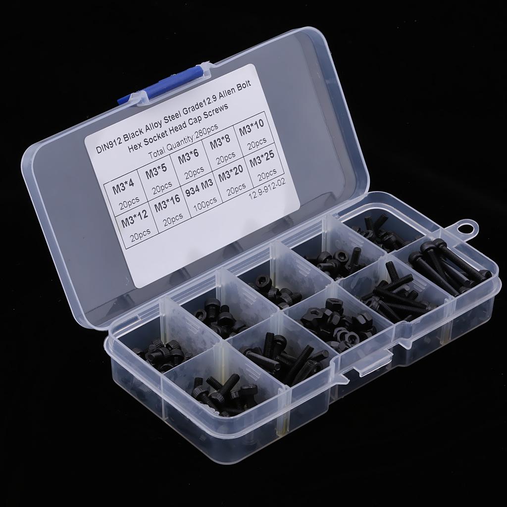 280Pcs Carbon Steel M3 Screw Kits Hex Socket 4mm-25mm Head Tapping Cap Set