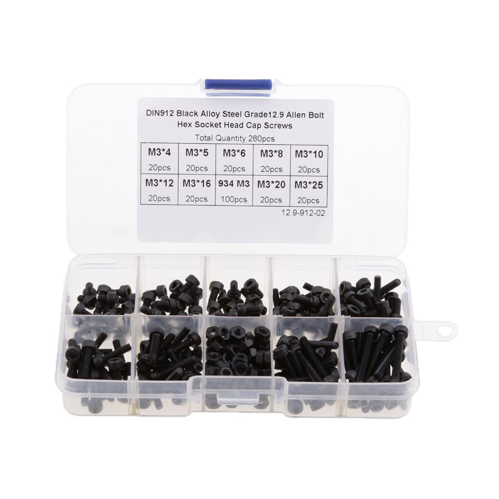 280Pcs Carbon Steel M3 Screw Kits Hex Socket 4mm-25mm Head Tapping Cap Set