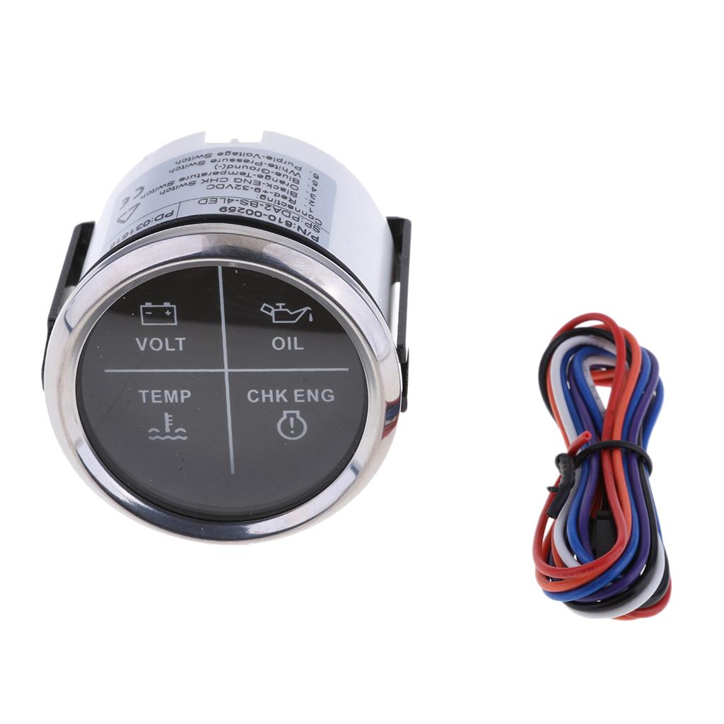 52mm 2 4 LED Alarm Gauge VOLT OIL TEMP CHK ENG Indicator Black Chrome"