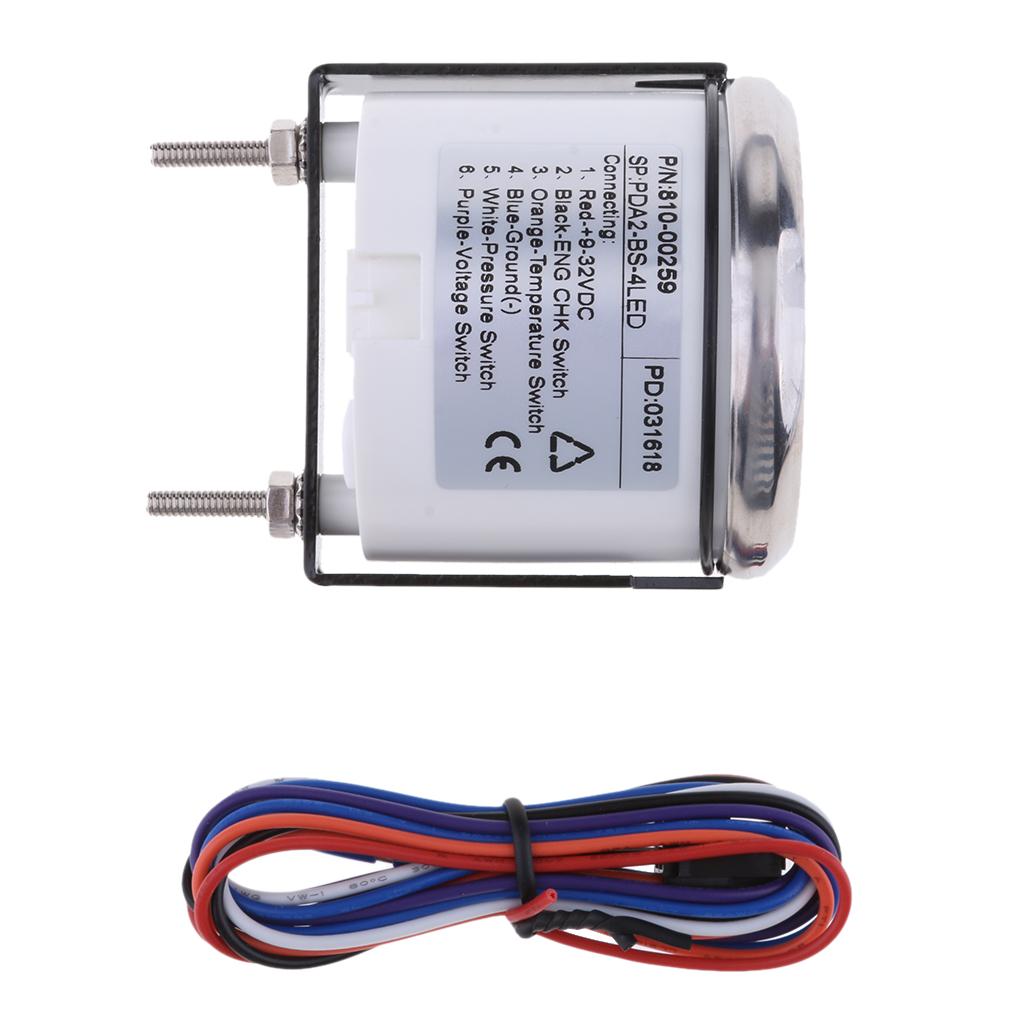52mm 2 4 LED Alarm Gauge VOLT OIL TEMP CHK ENG Indicator Black Chrome"