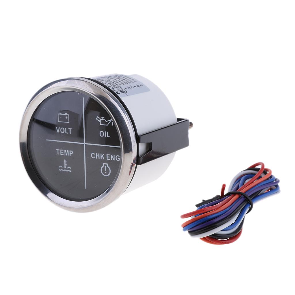 52mm 2 4 LED Alarm Gauge VOLT OIL TEMP CHK ENG Indicator Black Chrome"