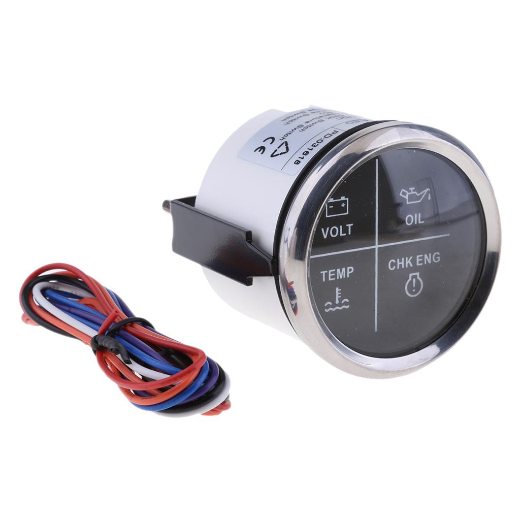 52mm 2 4 LED Alarm Gauge VOLT OIL TEMP CHK ENG Indicator Black Chrome"