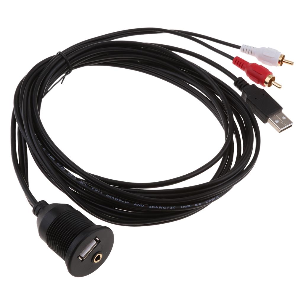 2 RCA 3.5mm AUX USB 2.0 Extension Male to Female Flush Mount Cable 2 Meter