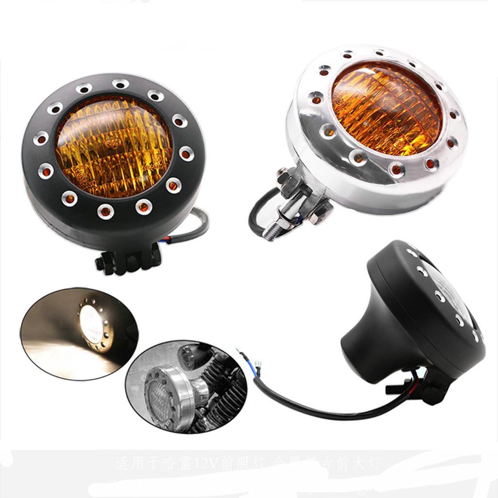 12V Motorcycle Headlight H4 Amber Light For Harley Bobber Chrome Clear Lens