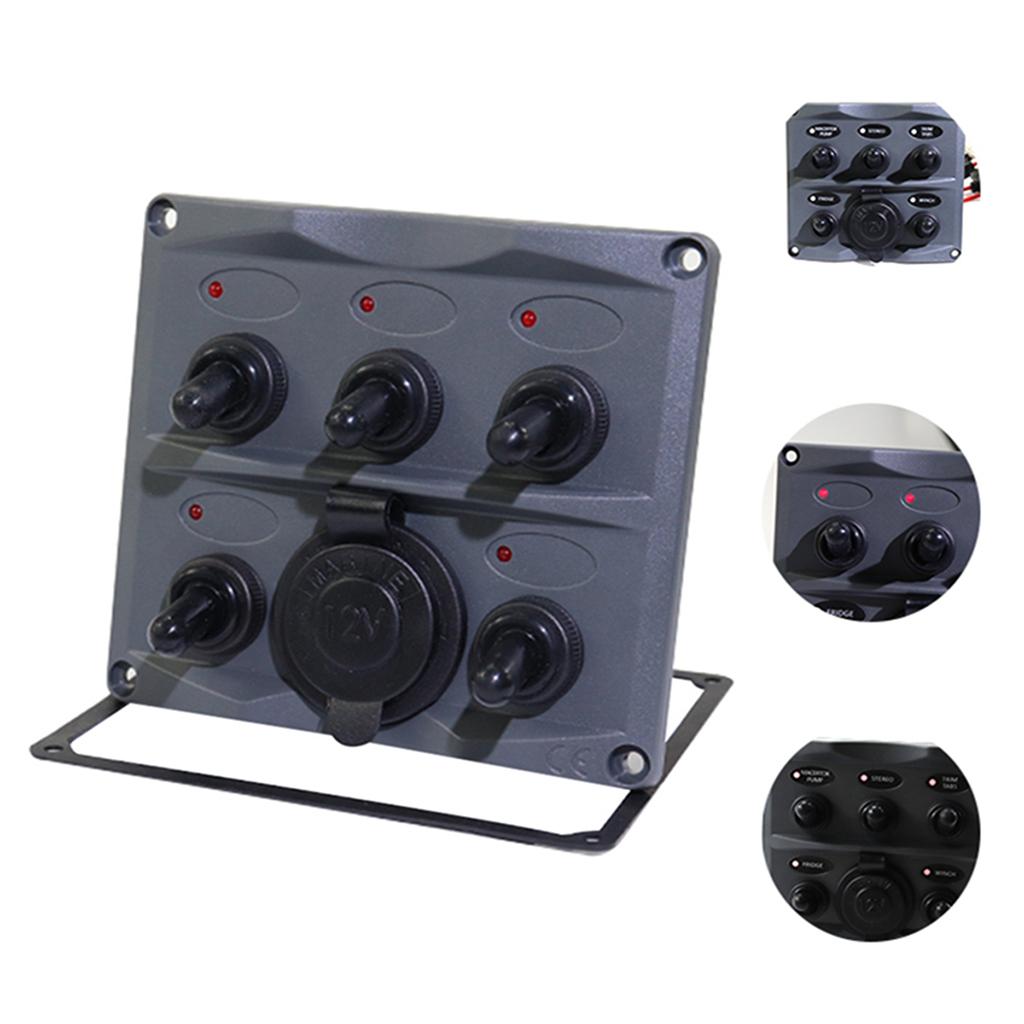 Waterproof 12-24V Car Boat Marine 5 Gang Toggle Switch Panel w/ Power Socket