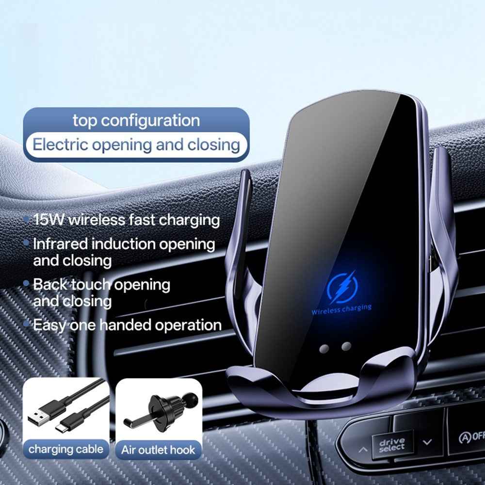 SD32 15W Fast Wireless Charging Car Air Vent Phone Holder 360° Rotation Auto-Clamping Navigation Mount - Black