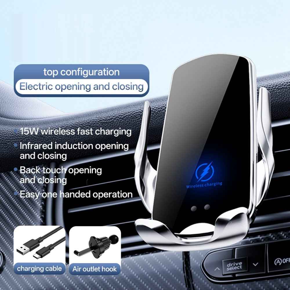 SD32 15W Fast Wireless Charging Car Air Vent Phone Holder 360° Rotation Auto-Clamping Navigation Mount - Silver