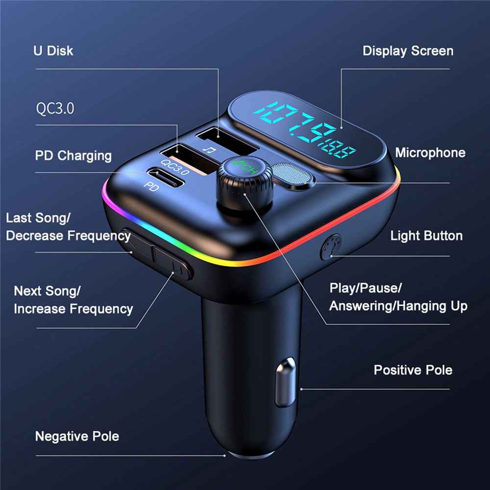 T70 Bluetooth-compatible 5.0 FM Transmitter USB PD 18W QC3.0 Fast Charging Adapter Music Player with Hands-free Calling for Car