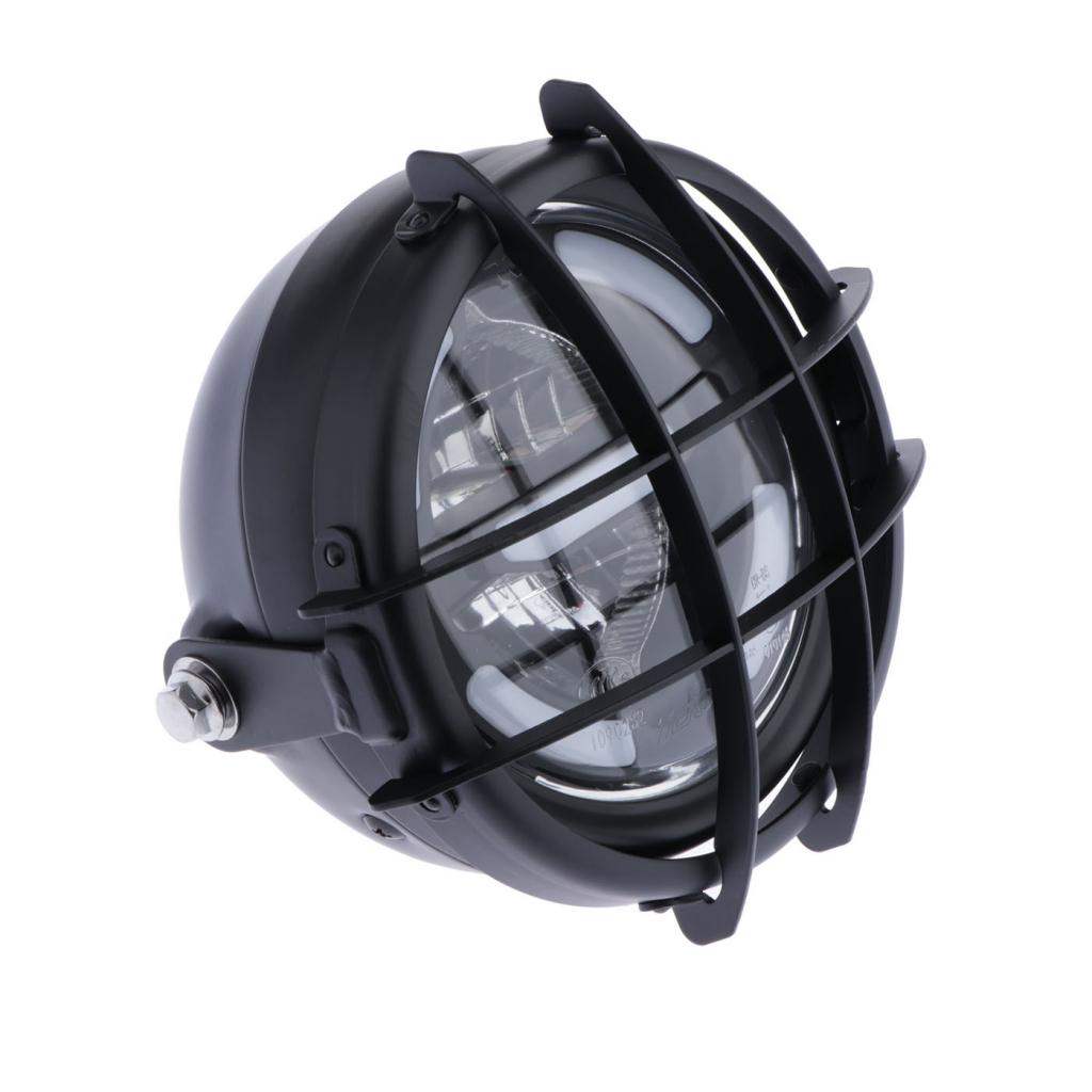 Retro Motorcycle Side Mount Headlight Cafe Racer With Grill Cover Black