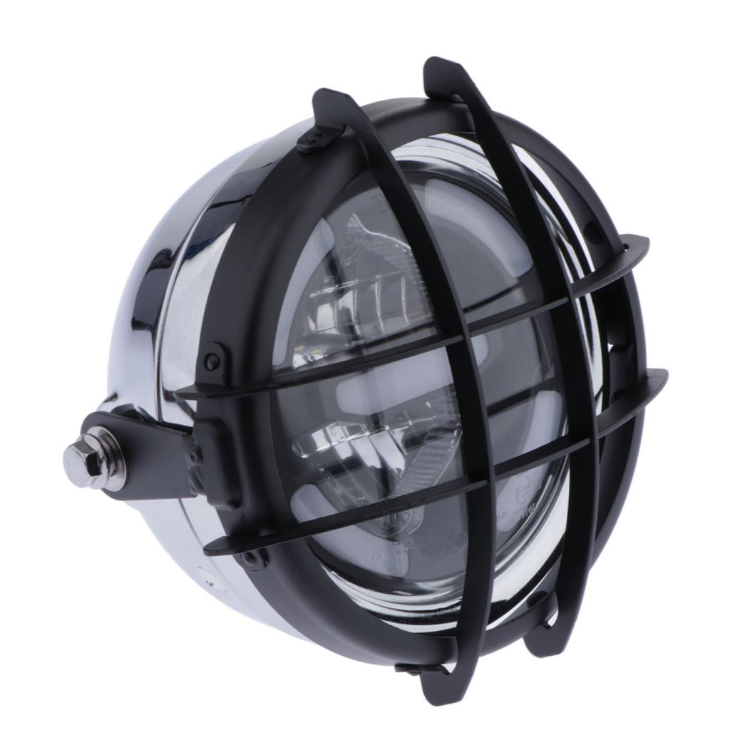 Retro Motorcycle Side Mount Headlight Cafe Racer With Grill Cover Chromed