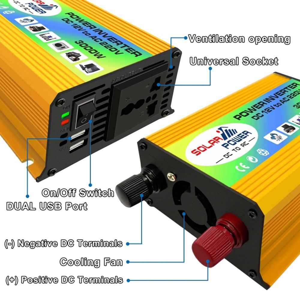 Tang I Generation 12V to 220V 3000W Intelligent Car Power Inverter with Dual USB for Camping, Traveling - Yellow