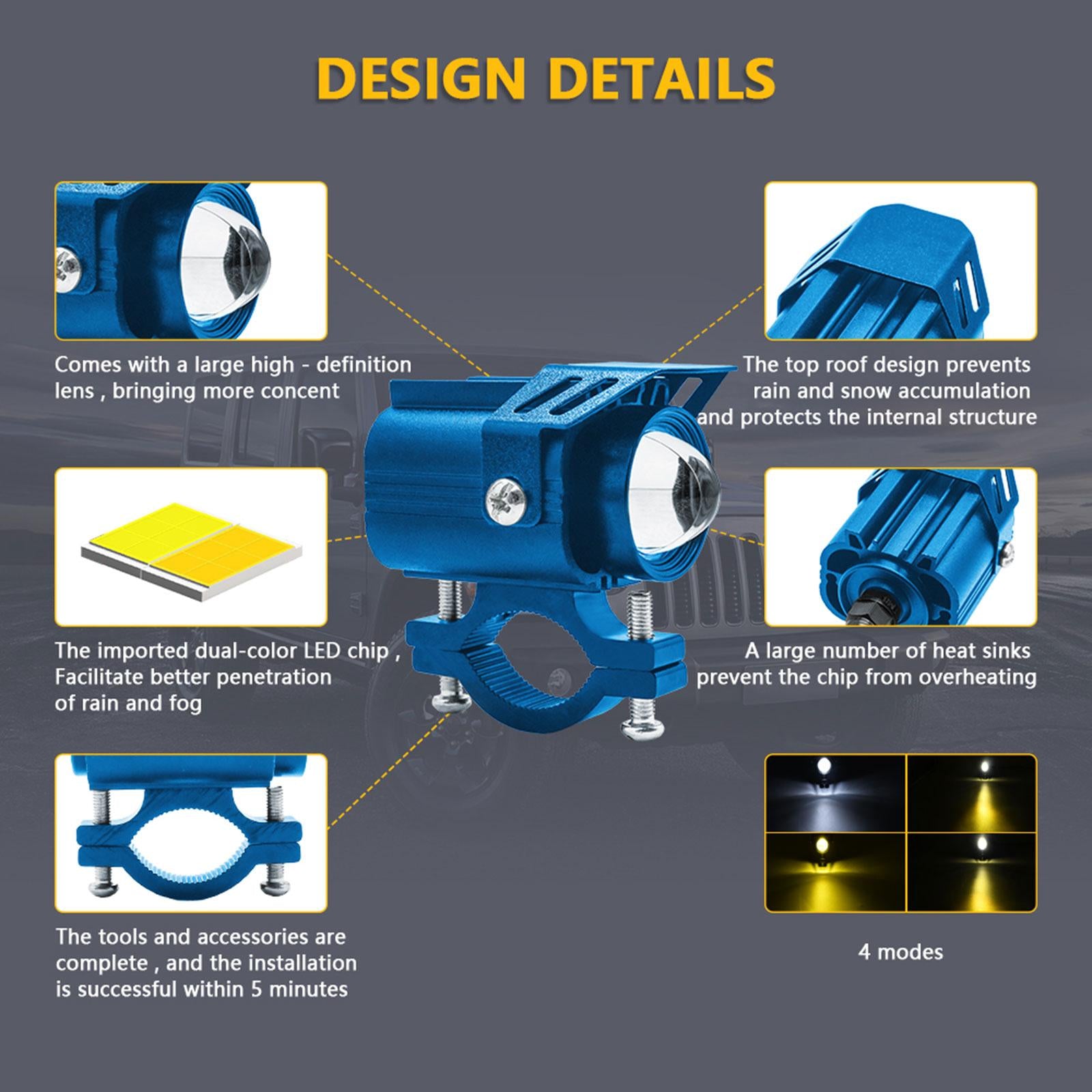 2x Motorcycle Auxiliary Driving Lights Spotlight for ATV Car Truck Blue