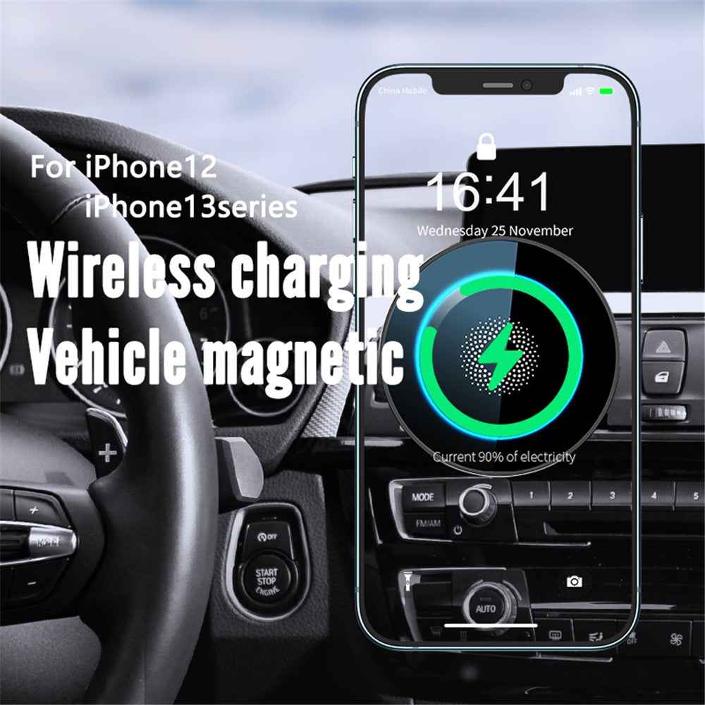 R-JUST RJ-CZ04 Multi-function Vehicle Cell Phone Mount 15W Wireless Magnetic Charger Universal Car Air Vent Phone Holder for iPhone 12/13 Series - Black