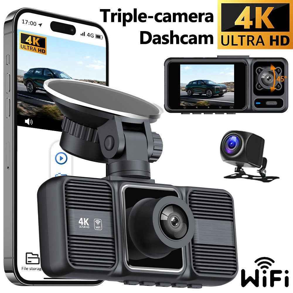 S26 4K Dash Cam 3-Lens WiFi Car Recorder with 2 inch IPS Screen / Night Vision / G-Sensor Motion / Detection Car DVR
