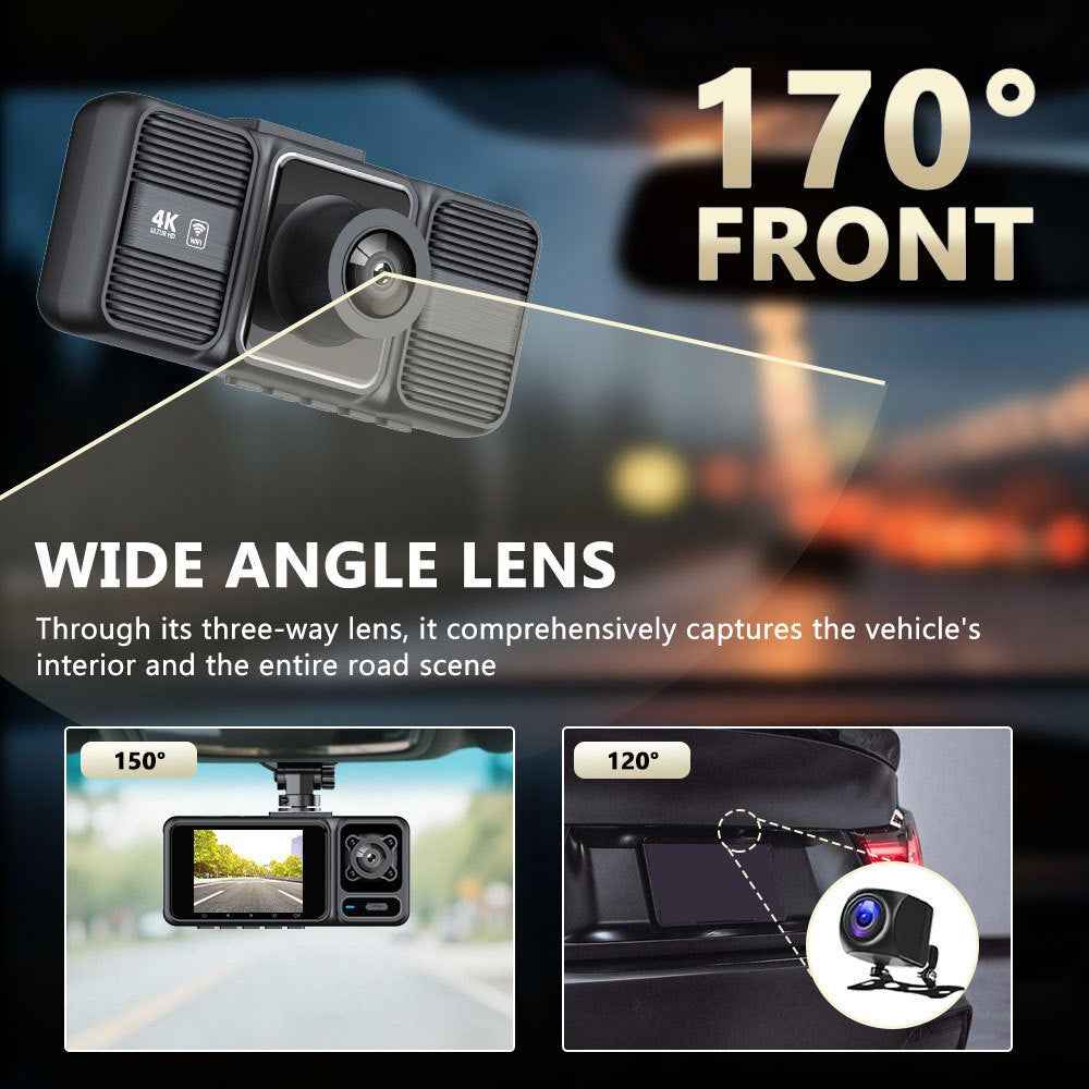 S26 4K Dash Cam 3-Lens WiFi Car Recorder with 2 inch IPS Screen / Night Vision / G-Sensor Motion / Detection Car DVR