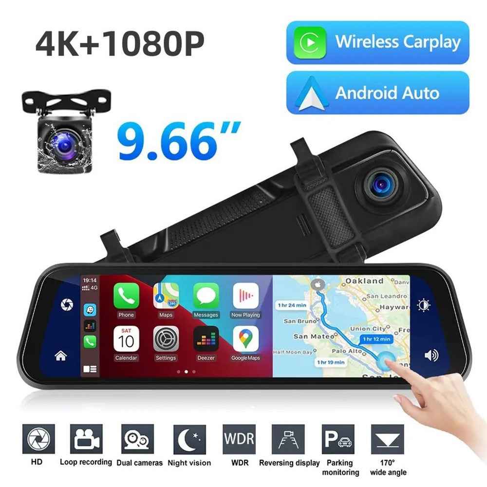 904 9.66 inch Touchscreen Dash Cam CarPlay Full-Screen Streaming Rearview Mirror 4K+1080P Dual Lens Car DVR with Night Vision / Emergency Recording