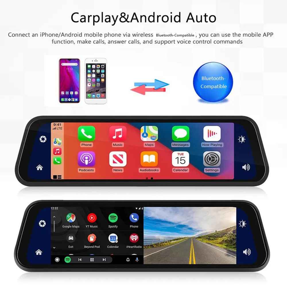 904 9.66 inch Touchscreen Dash Cam CarPlay Full-Screen Streaming Rearview Mirror 4K+1080P Dual Lens Car DVR with Night Vision / Emergency Recording