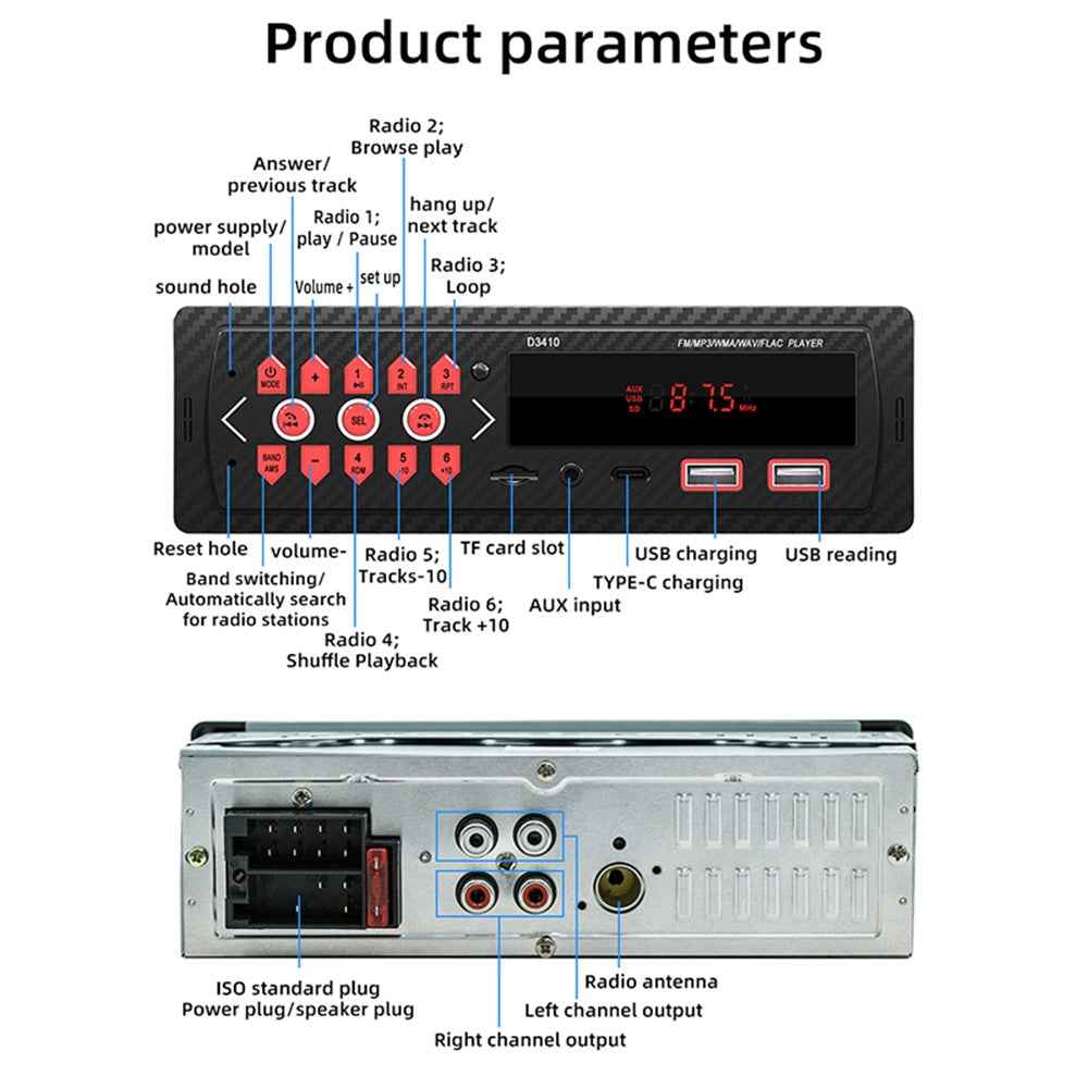 D3410 Car Bluetooth-compatible MP3 Player Vehicles Audio Device Support TF Card, U-Disk, FM Radio