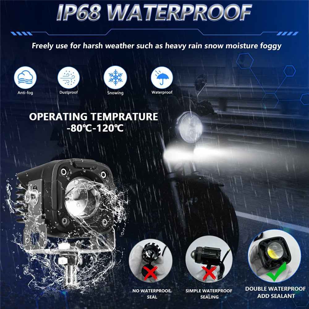 2Pcs Motorcycle LED Spotlight IP68 Waterproof High Low Beam Headlight for Off Road Electric Vehicles