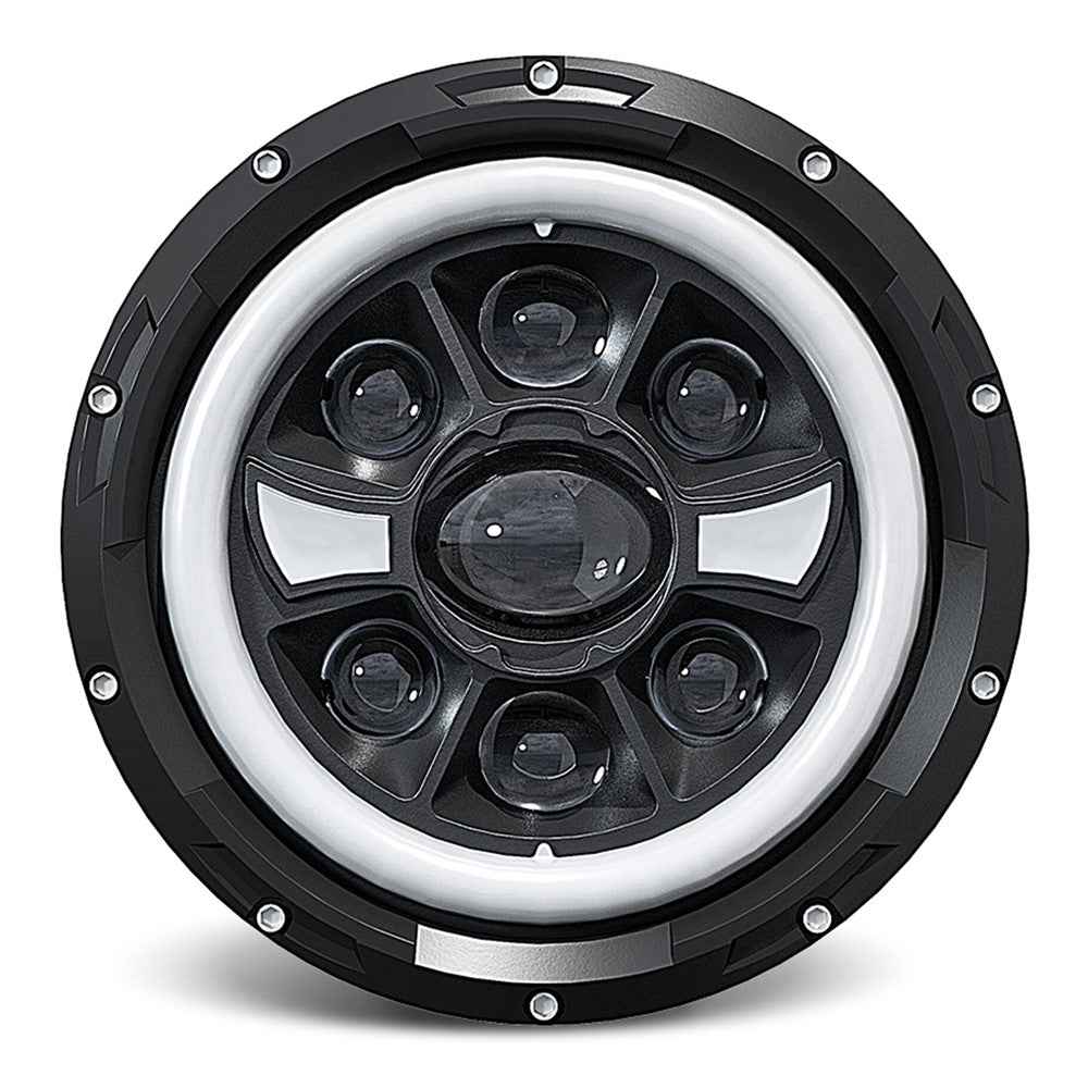 R9 Dual Angel Eye 7 Inch H4 LED Headlight IP67 Waterproof High Low Beam Car Driving Lamp with Connection Cable