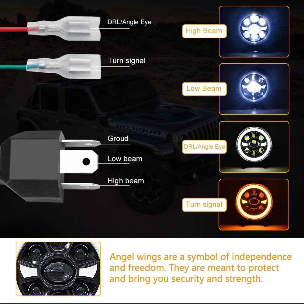 R9 Dual Angel Eye 7 Inch H4 LED Headlight IP67 Waterproof High Low Beam Car Driving Lamp with Connection Cable