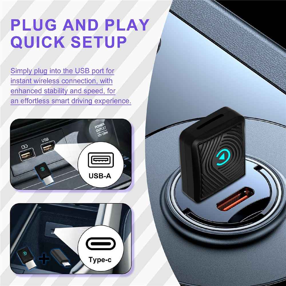 CP025 2 in 1 Wireless CarPlay Android Auto Adapter Wi-Fi 6 5GHz Car Connectivity Module Wired to Wireless Plug Play Car Link Box - Black