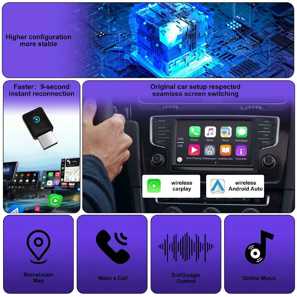 CP025 2 in 1 Wireless CarPlay Android Auto Adapter Wi-Fi 6 5GHz Car Connectivity Module Wired to Wireless Plug Play Car Link Box - White